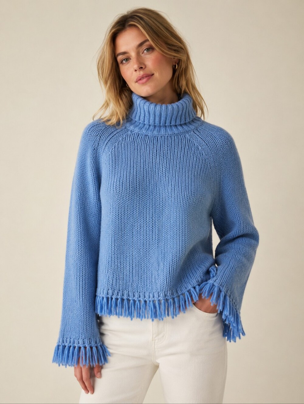 NWT Tory Burch Jennifer Sweater Size M Blue Fringed Turtleneck